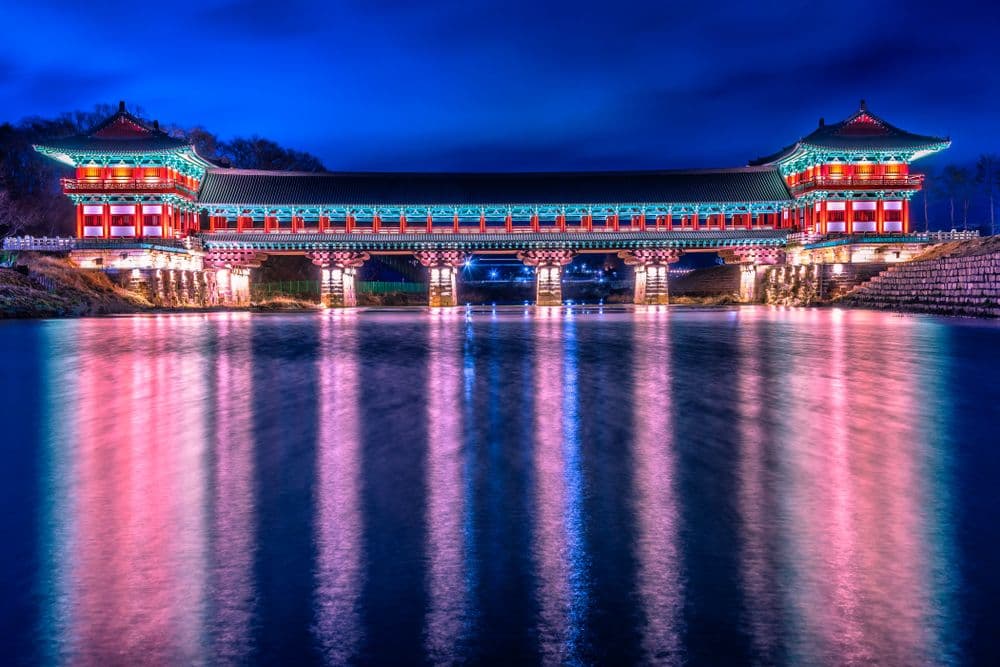 Woljeonggyo Bridge at dusk in the city of Gyeongju